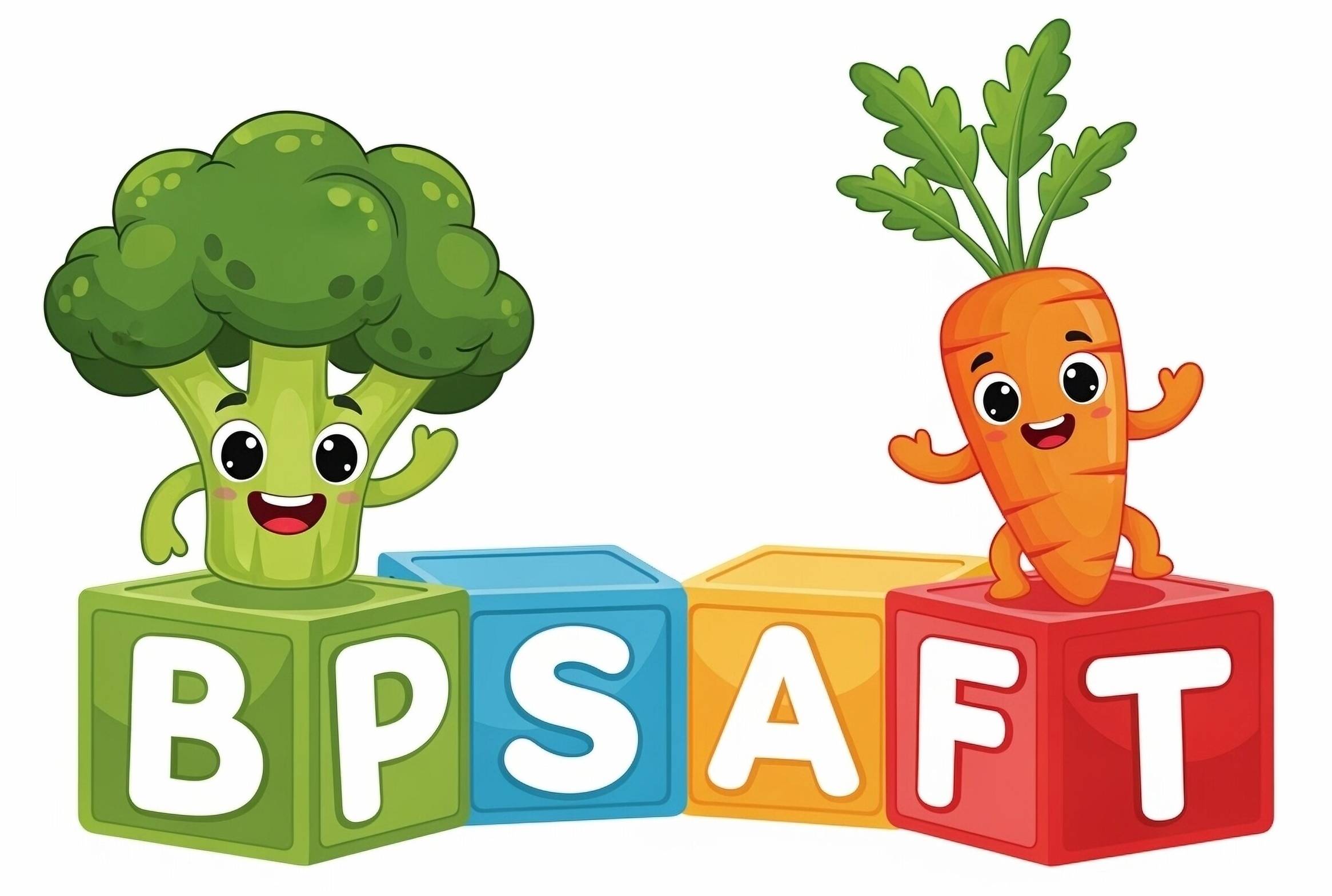 Broccoli and carrot on colorful alphabet blocks.